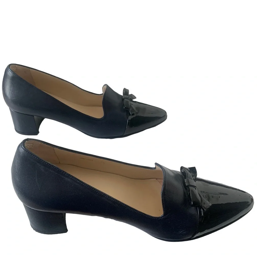 Ukies Women's Navy Blue Leather with Black Patent Leather Toe Paloma Heels